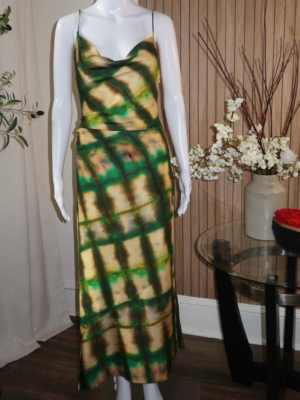 Zara Green and Tan Tie-Dye Slip Maxi Dress